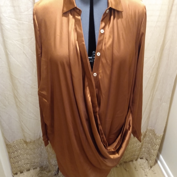 NWOT 🔥 Fashion Nova Satin Draped Shirt Dress Women's Size 2X Brown - Picture 6 of 10